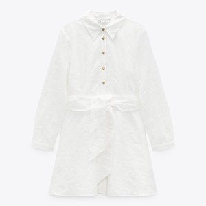 Zara Long Sleeve Openwork Embroidered Tie Waist White Mini Dress Small